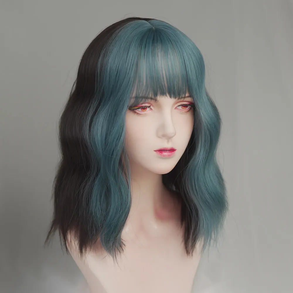 

Water dance wig burst top dye blue highlight dye short curly hair bangs dye gradual change punk millennial babes collarbone hair