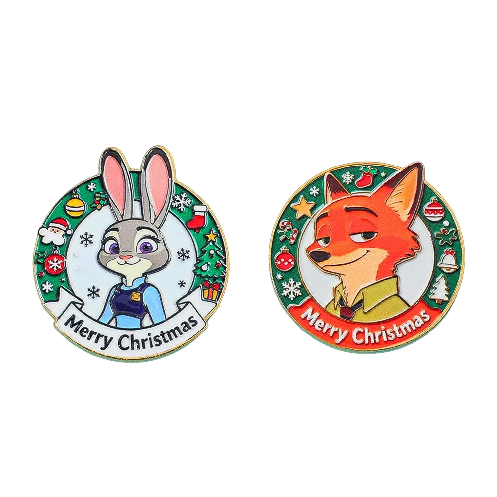 

Рождественская металлическая булавка в стиле аниме Zootopia 2, брошь Джуди Хоппс и Ник Уайлд, лиса, милый значок с персонажем мультфильма для украшения одежды