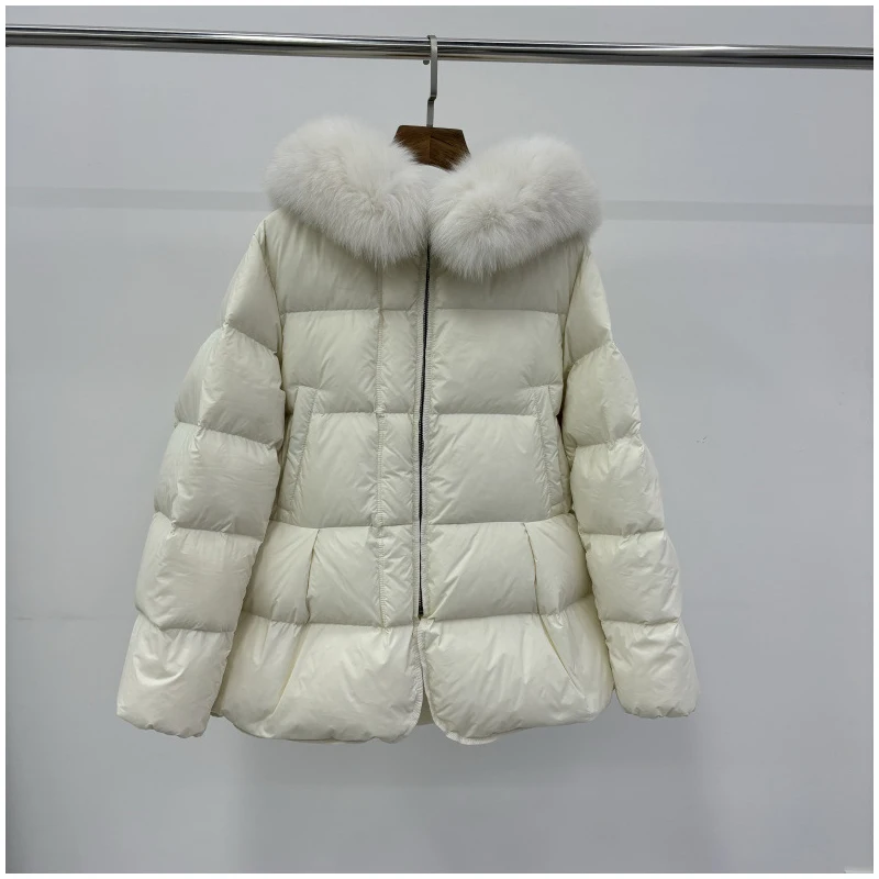 Schinteon feminino 100% gola de pele de raposa real pato branco para baixo jaqueta com capuz outono inverno quente casual a-forrado quente outwear capa