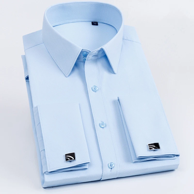 Camisa de vestir con puños franceses para hombre, camisa de doble cuello, botones ajustados, gemelos de marca, esmoquin de fiesta, boda, negocios, Eveining