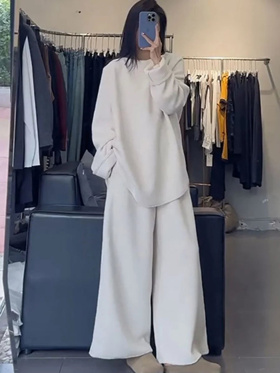 plus Size 300 Pou Women's Sweatirt Long Sve round Ne High Waist Wide Leg Pants Two Piece Set Autumn Winter Faion