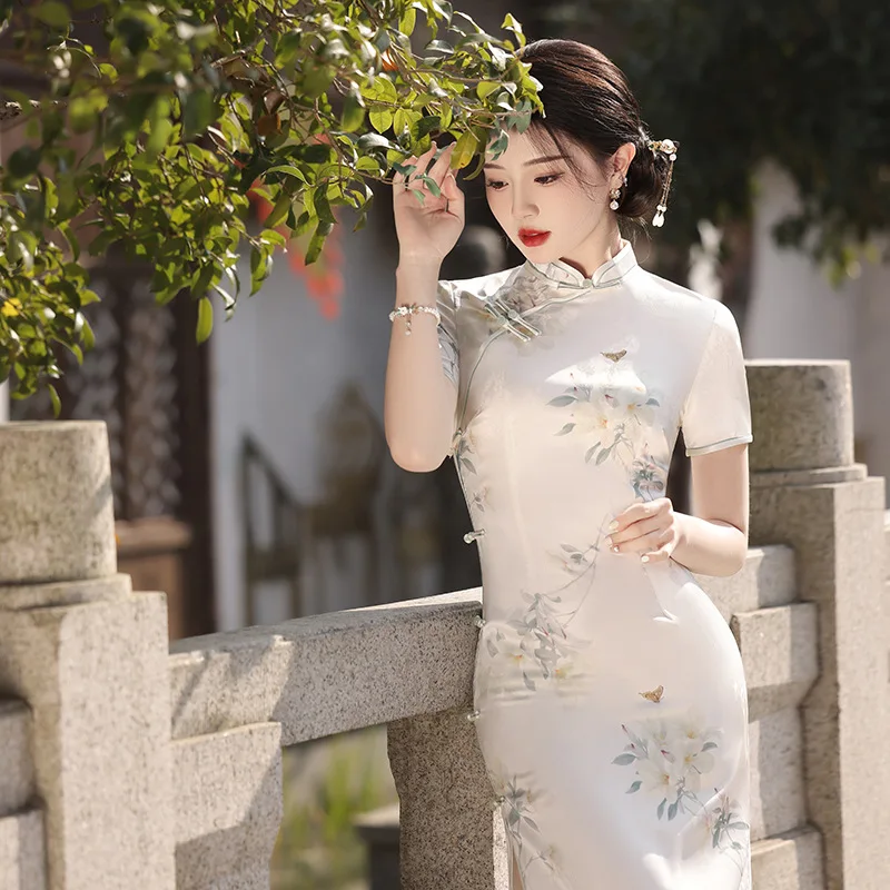 Traditional Chinese Dress Plant Print Costume Stand Collar Short Sleeved Side Slit Slim Fit Elegant Cheongsam Women's Clothing