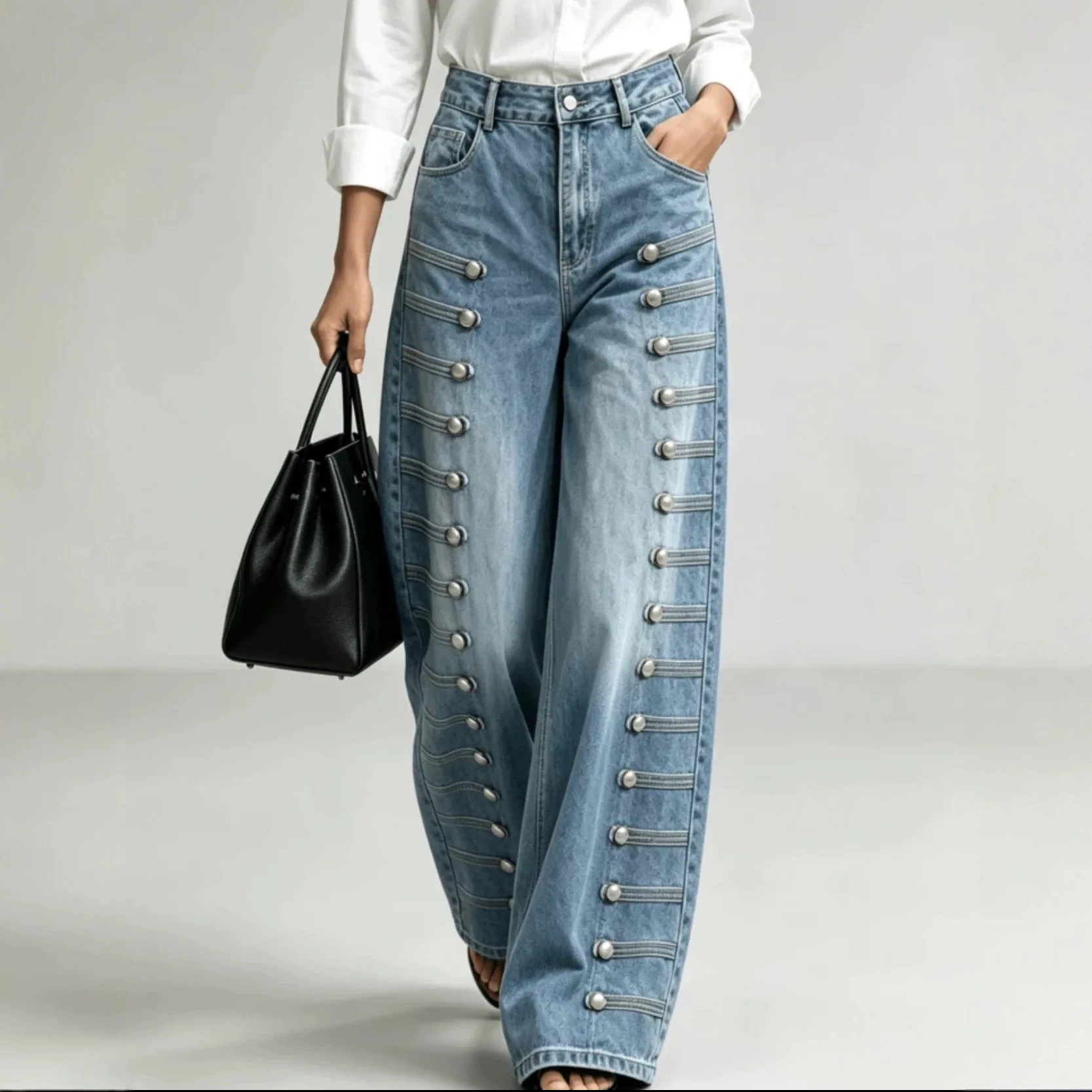 Metal Buttons Denim Baggy Pants Women Jeans Y2K Streetwear Vintage Design High-Waisted Wide-Leg Pants Trend Washed Trousers New