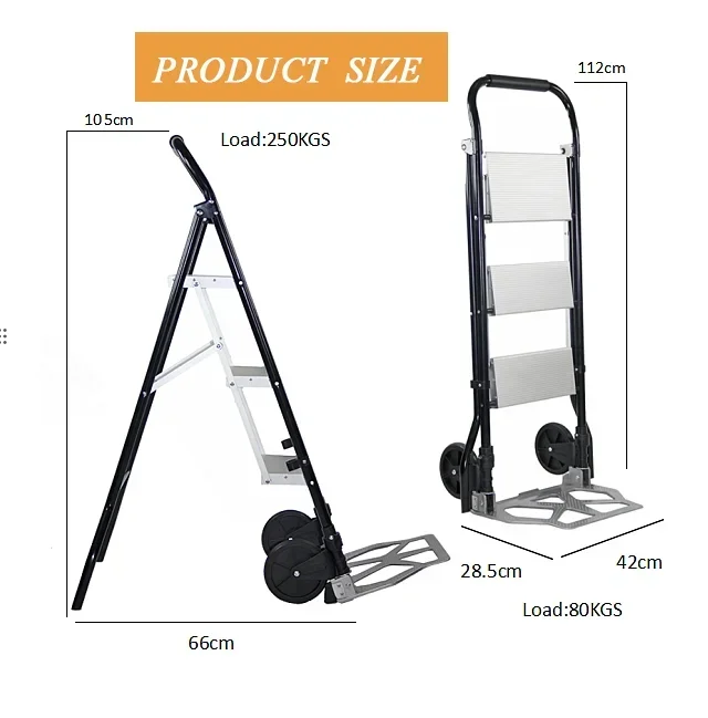 Carrinho dobrável com escada 2 em 1 com 3 degraus de largura antiderrapante carrega carrinho de aço portátil de alumínio