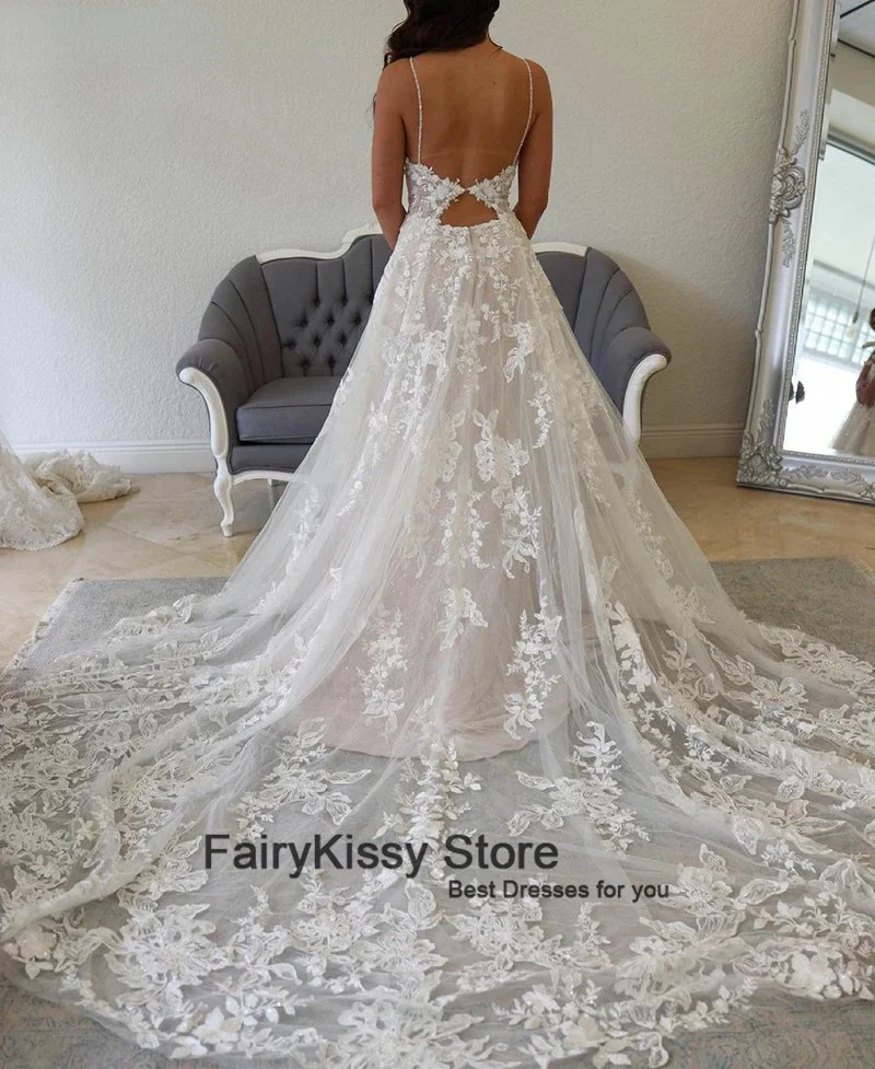 FairyKissy Bohemian Wedding Dresses V-Neck Applique Lace Spaghetti Strap A-Line Beach Princes Wedding Bridal Gown 2024 Plus Size