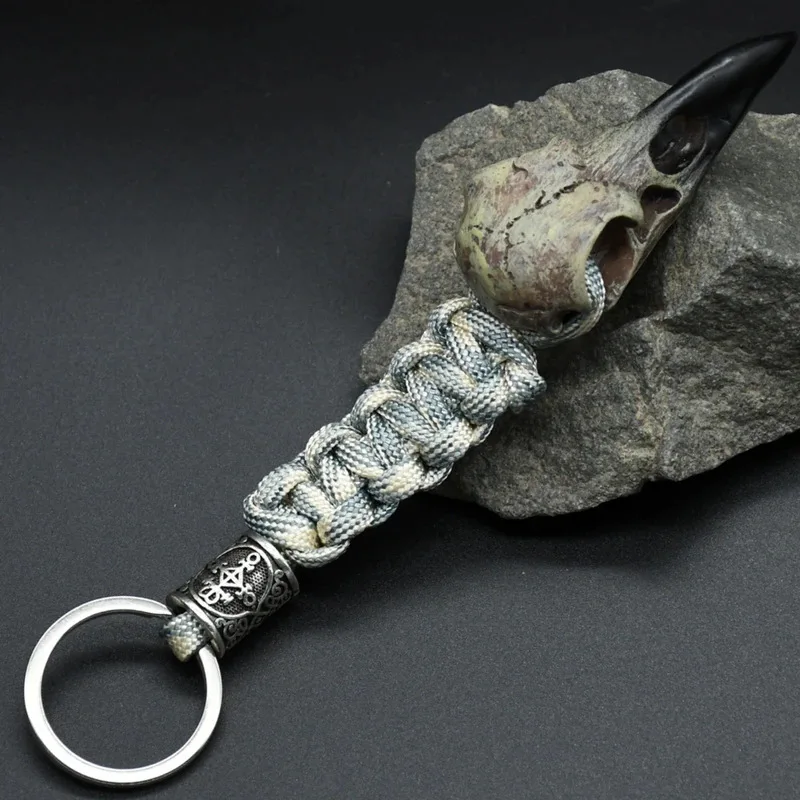 Viking Odin Crow Skull Key Chain Mens Nordic Raven Skeleton Runes Bead Survival Paracord Keyholder Accessories Jewelry
