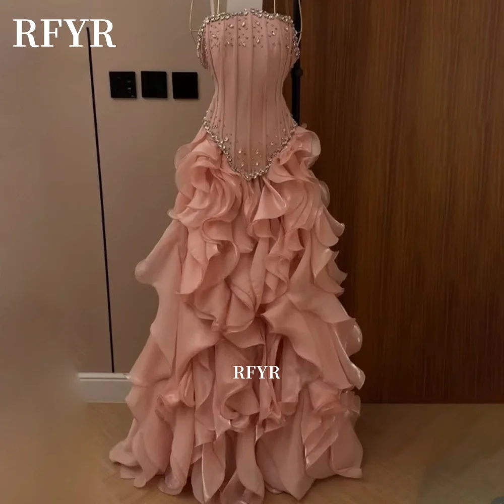 

RFYR Beading Evening Dress with Ruffles Luxury Prom Gowns Layers Party Dress A Line Celebrity Gowns for Arabic Women Customized