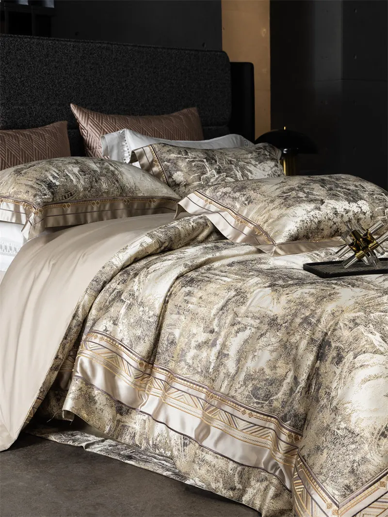 Luxury Long Staple Cotton Bed Sheet Set, European Style Brocade Embroidery Pattern, Soft Breathable Bed Cover Duvet Cover Set