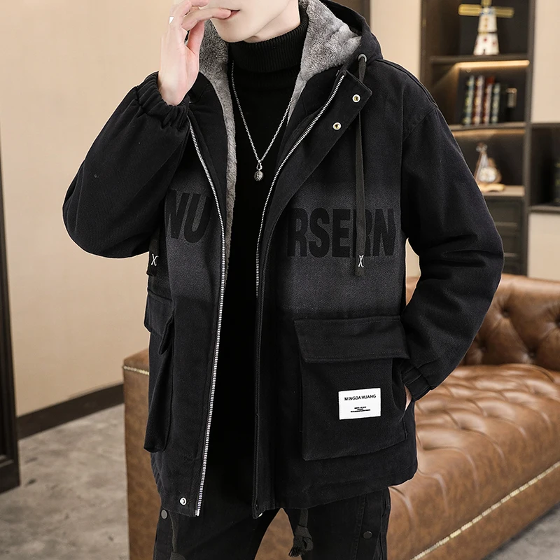 

Мужская джинсовая куртка с подкладкой, свободного кроя, модная, с капюшоном, теплая зимняя одежда из хлопка