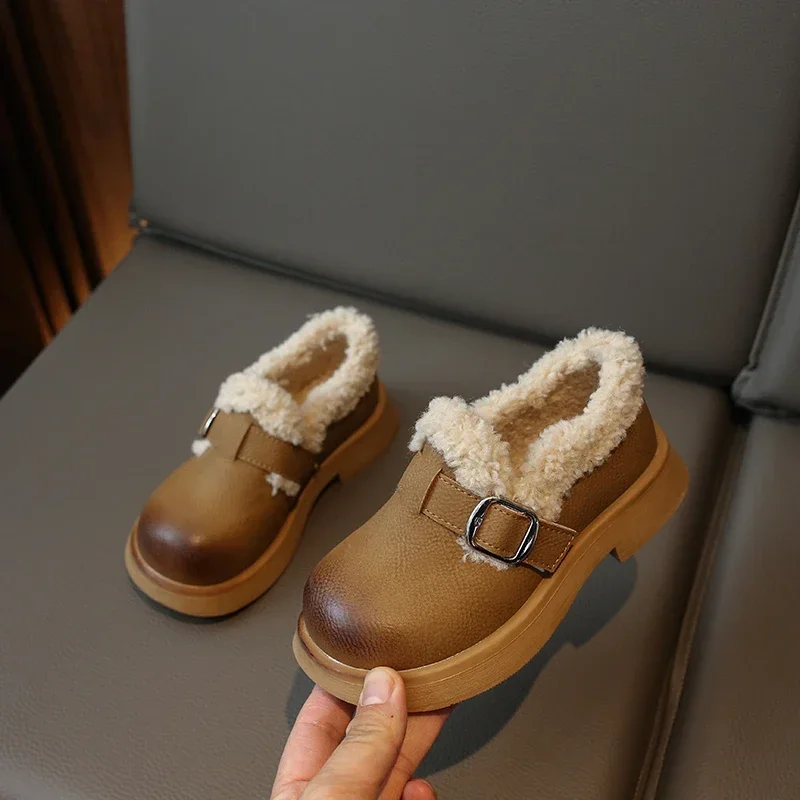 2024 Children Leather Shoes for Girls Winter New Fashion Korean Style Princess Soft Sole Anti-slippery Keep Warm Chic Plush Shoe