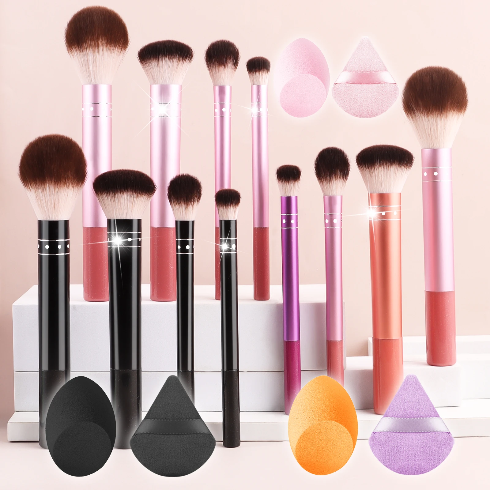 Makeup Brush Set, 4 Piece Plastic Creative Diamond Design Long Tube Fan Puff and Beauty Sponge Beauty Tools