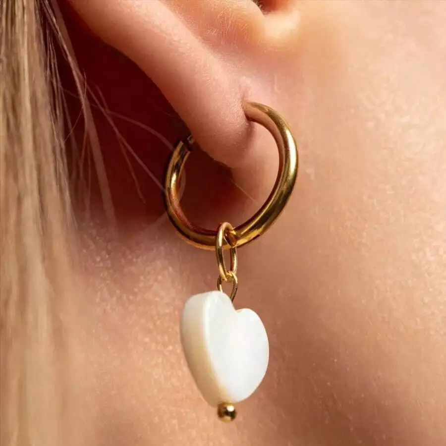 

Stainless Steel Hoop Earrings With White Heart Shell Drop For Women