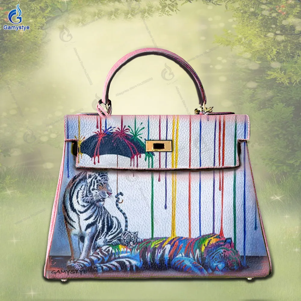 

Ladies Hand Bag Female Carteras Para Mujer De Moda Originales Tiger Art Style Print 100% Real Cowhide Leather Personalizar bolso