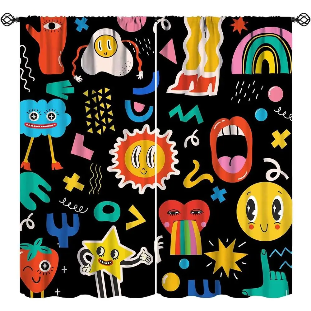 70s Style Groovy Curtains, Cute Rainbow Geometric Print, Blackout for Kids & Living Room, 84x84