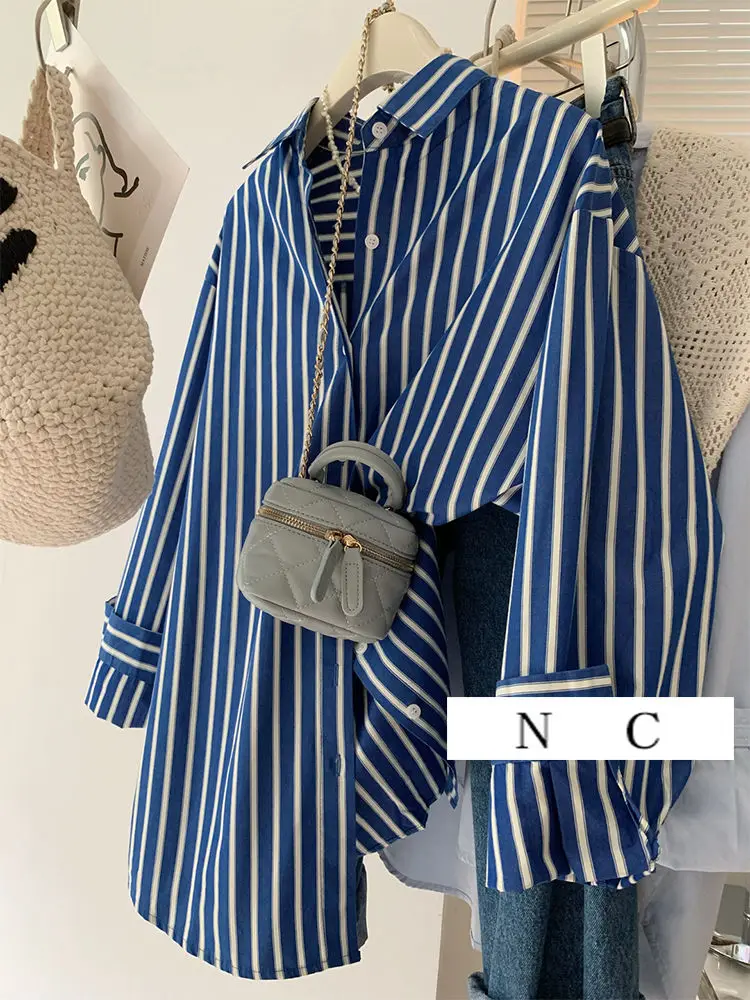 

Сине-белая полосатая рубашка с длинными рукавами, женская весенне-осенняя свободная повседневная рубашка в ленивом стиле, топ