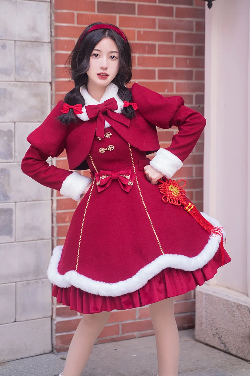 Chinese Sweet Style Lolita Cosplay Kawaii Girls Jsk Winter Red Warm Happy New Year Bowknot Fluffy Hemlines Christmas Dress