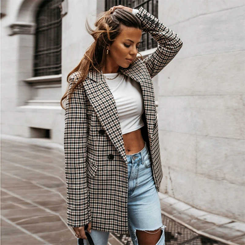 Autumn and Winter New Double Breasted Lapel Print Plaid Temperament Small Suit Women's Fashion Medium Length Windbreaker