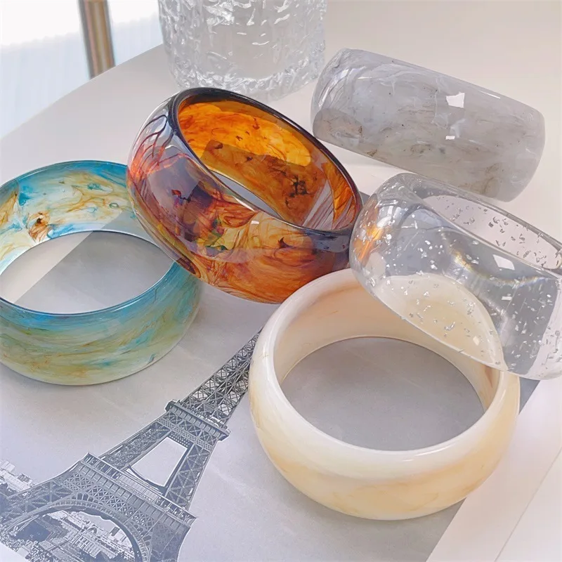 

New Arrival Marbled Resin Bangle Silver Foil Glitter Exaggerated Bracelet Stackable Fashion Hand Jewelry for Women