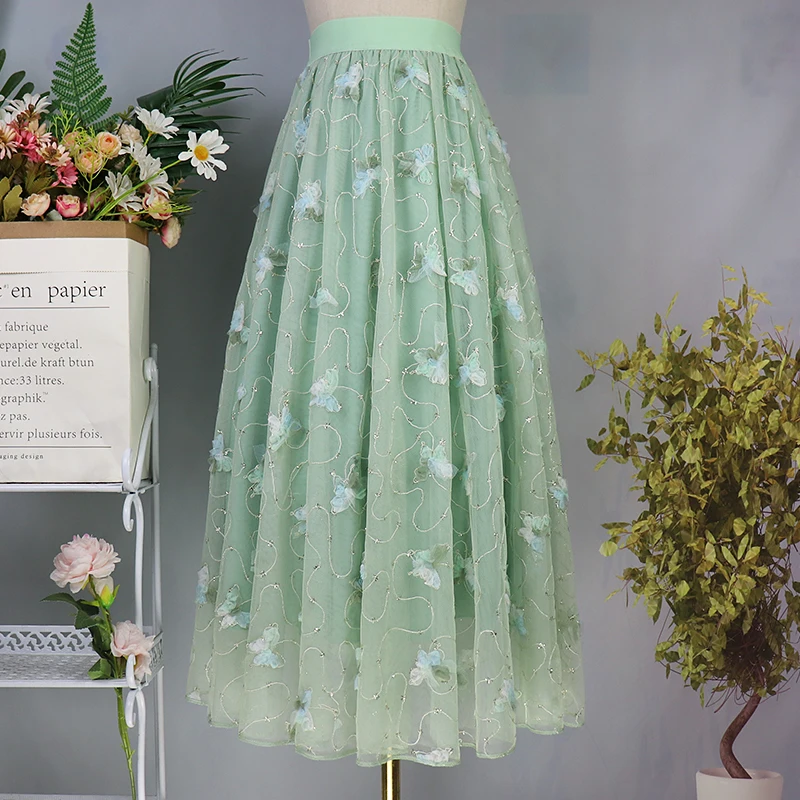 

Women High Rise Butterfly Embroidered Light Green Elastic Waist A-line Tulle Midi Skirt 2023 Summer New In