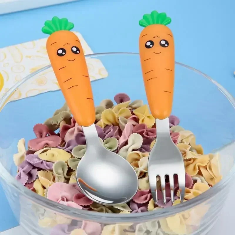 Baby Gadgets Tableware Set Stainless Steel Cartoon Carrot Spoon Fork Scraping Spoon for Kids Utensils Set Child Learn To Eating