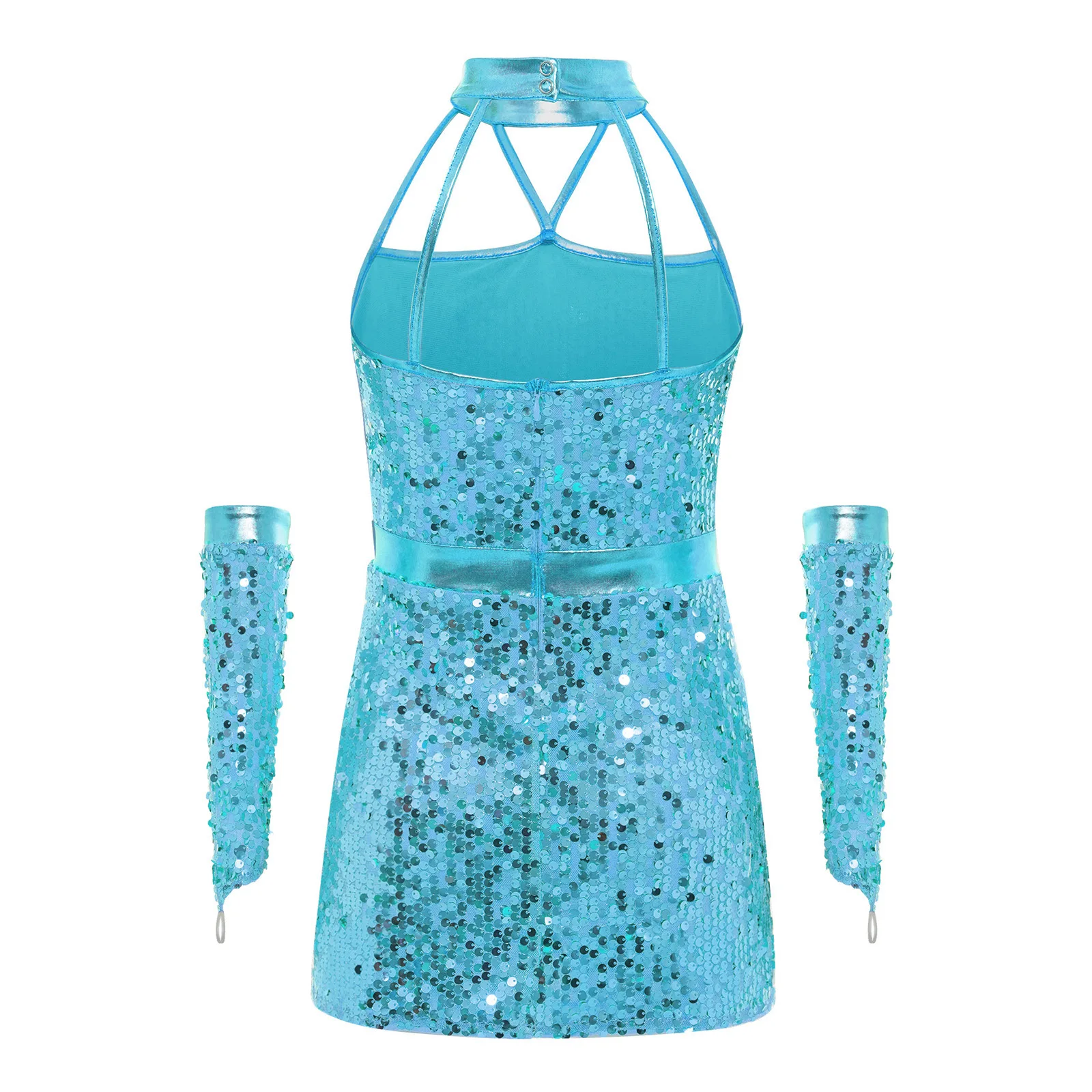 Kids Girls Jazz Dance Performance Costume Halter Strappy Sleeveless Sparkling Sequins Dress with Gloves Disco Dance Outfits