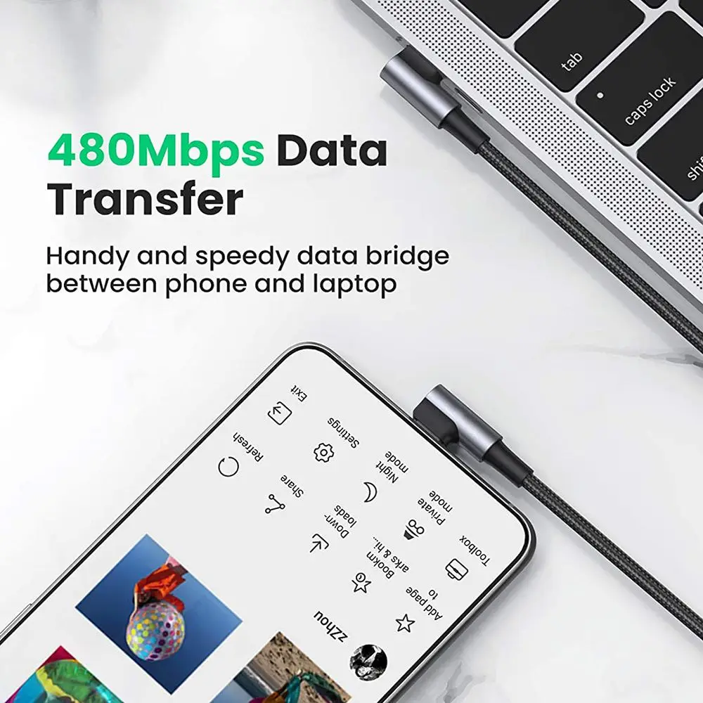 Laptop Data Line Power Delivery PD 60W USB C to USB Type C Cable Right Angle Fast Charging