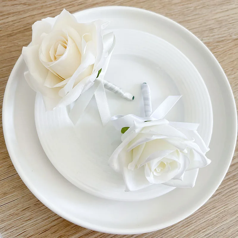 Wedding Boutonniere Brooch Flowers Artificial Roses Silk Ivory White Corsage Buttonhole Groomsmen Men Bride Marriage Accessories