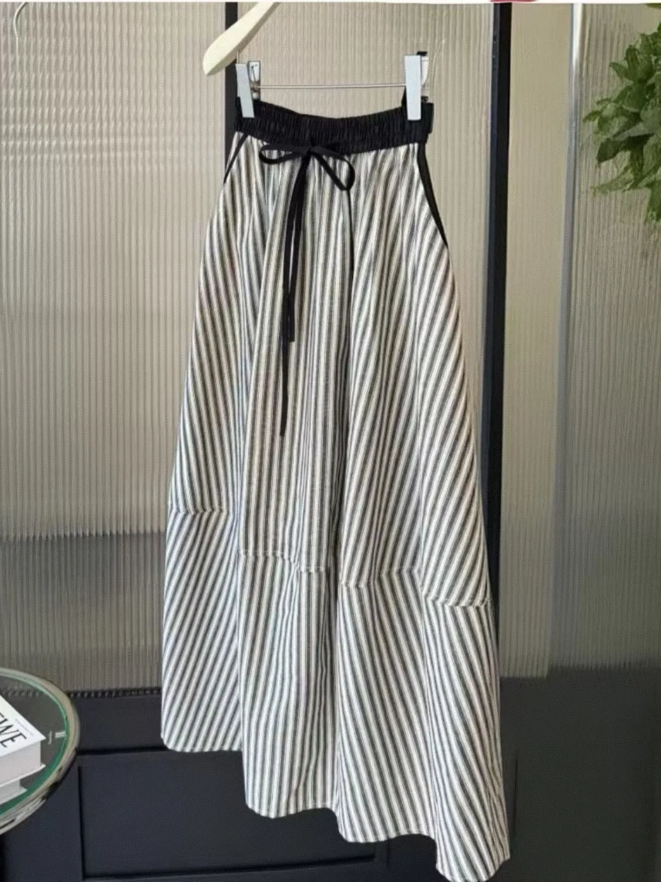 

Summer 2025 Cotton Linen Casual Stripe Bloomer Skirt High Waist A-Line Midi Skirt Korean Sle Commute Floral Print f-length