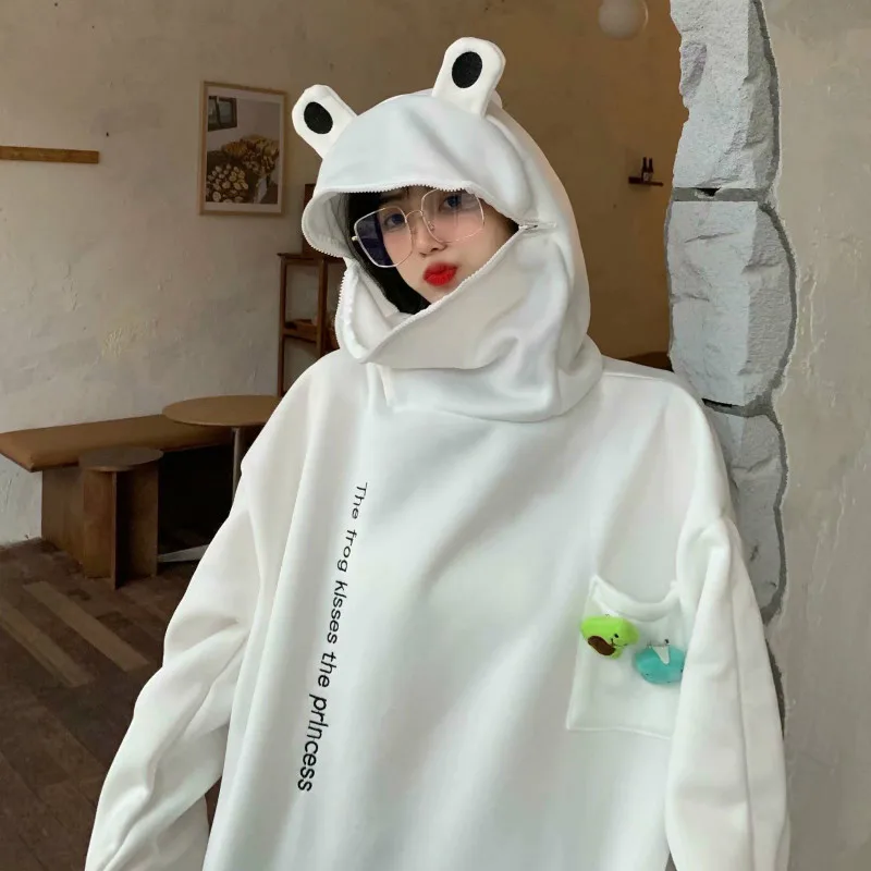 

Hoodies Sweatshirt Woman Kawaii Frog Vintage Oversize Couples Clothes Black Green Long Sleeve Korea Aesthetic Women Streetwear