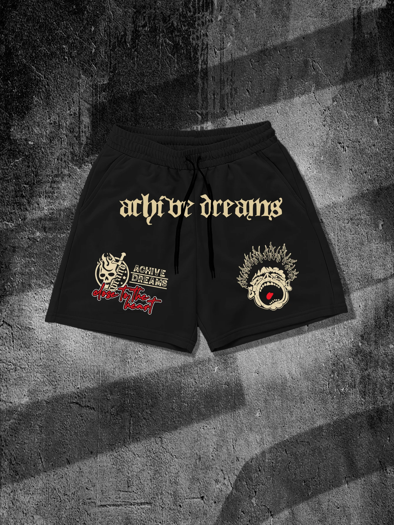 

Men's "Achieve Dreams" Gothic Letter Skull Graphic Oversized Shorts, Streetwear Drawstring Polyester Casual Gym Shorts for Men