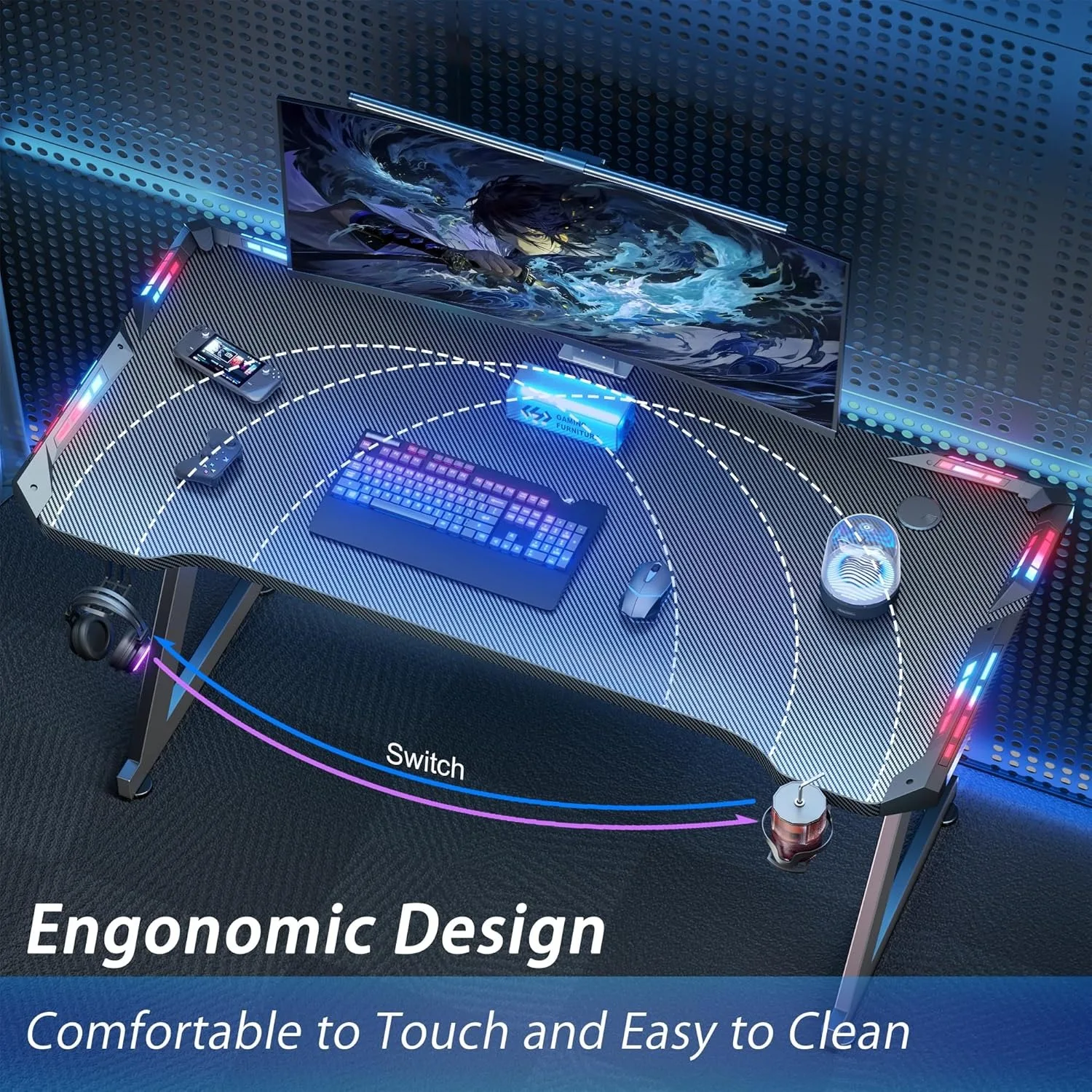 مكتب ألعاب مقاس 40 بوصة مزود بمصابيح LED، ومكتب كمبيوتر للمكتب المنزلي، وطاولة كمبيوتر مريحة #5