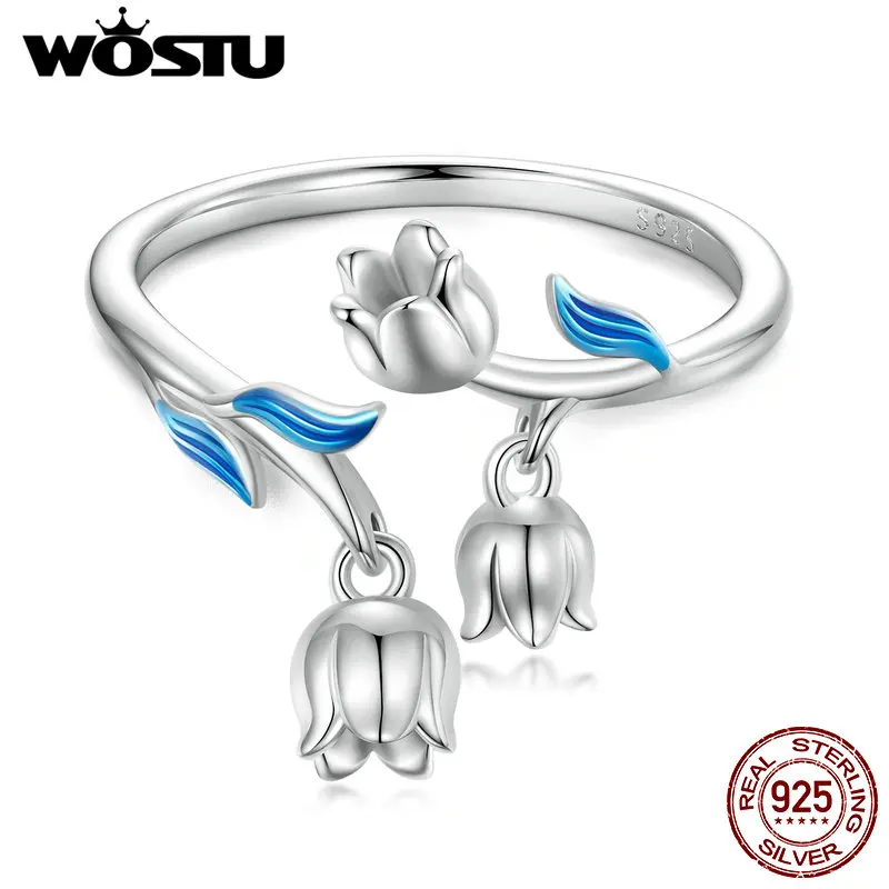 

WOSTU 100% 925 Sterling Silver Lily of the valley Open RingFor Women Party Engagement flower bird style ring Fine Jewelry Gifts