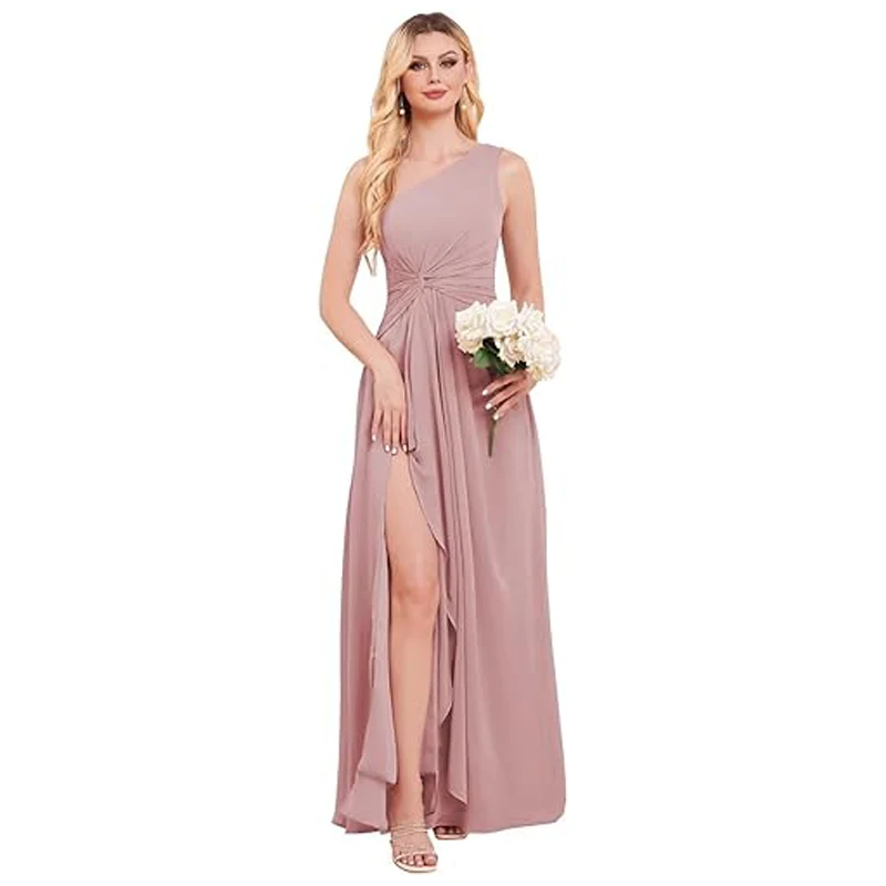 Ein Schulter Chiffon Brautjungfer kleider mit Schlitz Rüschen A-Linie lange formelle Abendkleid Frauen Kleid Party Abschluss ball Sommer