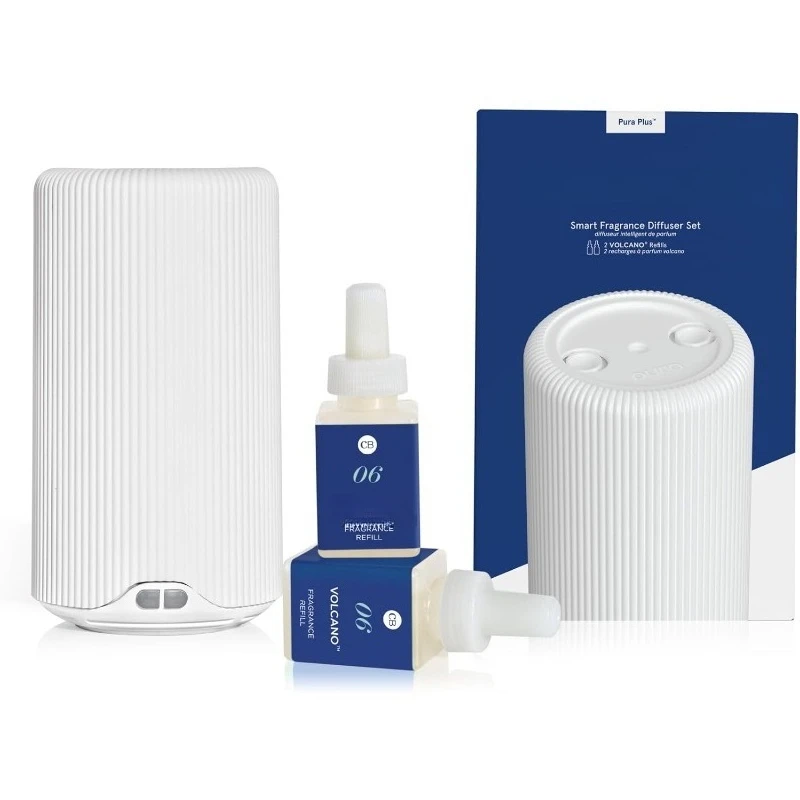 

Blue Pura Plus Smart Home Fragrance Diffuser Kit - Includes 1 Tabletop Pura Diffuser and 2 Volcano Pura Refills - Notes of