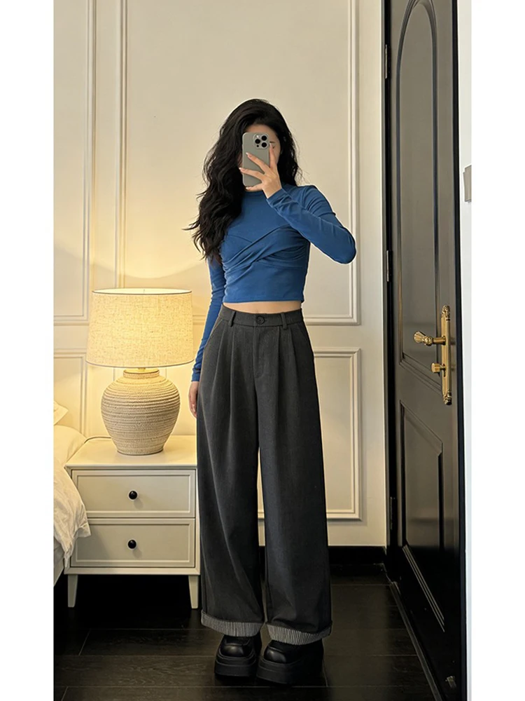 Fashionable Grey Striped Cuffed Design Casual Pants Women's High Waist Wide Leg Pants Spring Season Slimming Effect