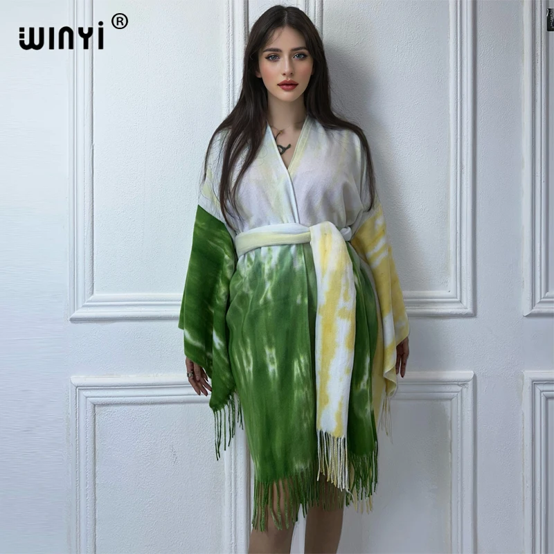 WINYI Women winter kimono Capes Female Fashion Tie-dyed printed cardigan Cloak Tassel winter Clothing winter coats for women