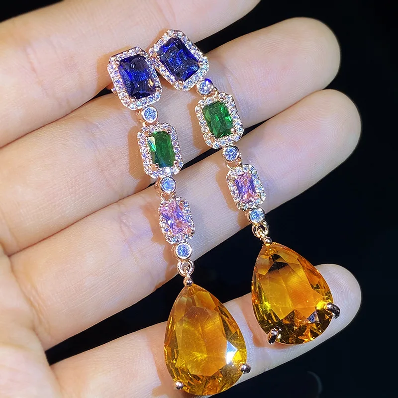 925 silver exquisite fantasy color gemstone tassel earrings retro high-definition water drop fashion dinner temperament earrings