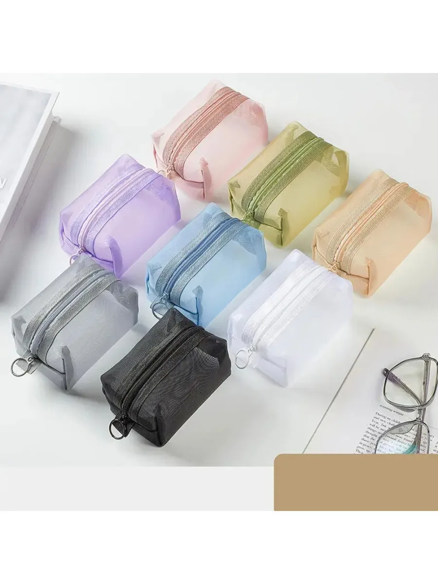 Mini sacs à cosmétiques en maille de Nylon transparent pour femmes, petits sacs de maquillage pour rouge à lèvres, pochette pour ligne de données, étui organisateur pour clé d'écouteurs