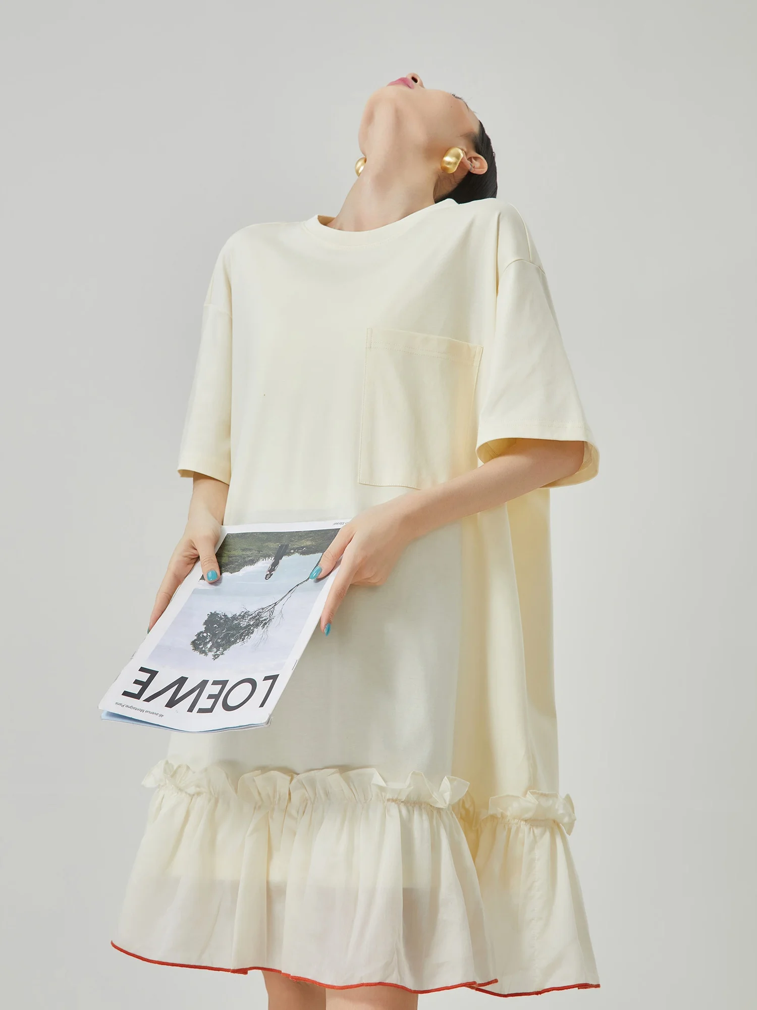 

White round Neck Patch Pocket Color Block Hemline Midi Dress Casual Loose Short Sleeve Women's T-Shirt Dress City Commute