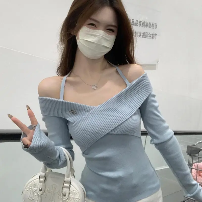 

Sexy Off Shoulder Slim Sweaters Women Long Sleeve Knitted Pullover Fashion Design Korean Casual V-neck Female Autumn Winter Tops