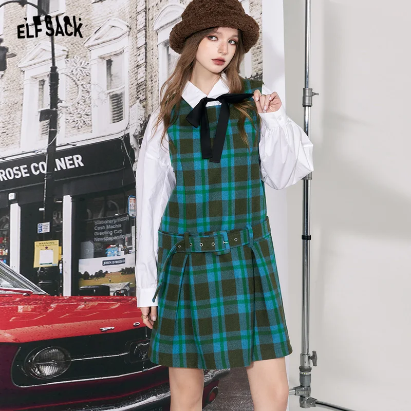 

ELFSACK Woolen Blue Plaid Dress Women 2023 Winter New Sleeveless Korean Fashion Luxury Elegant Dresses