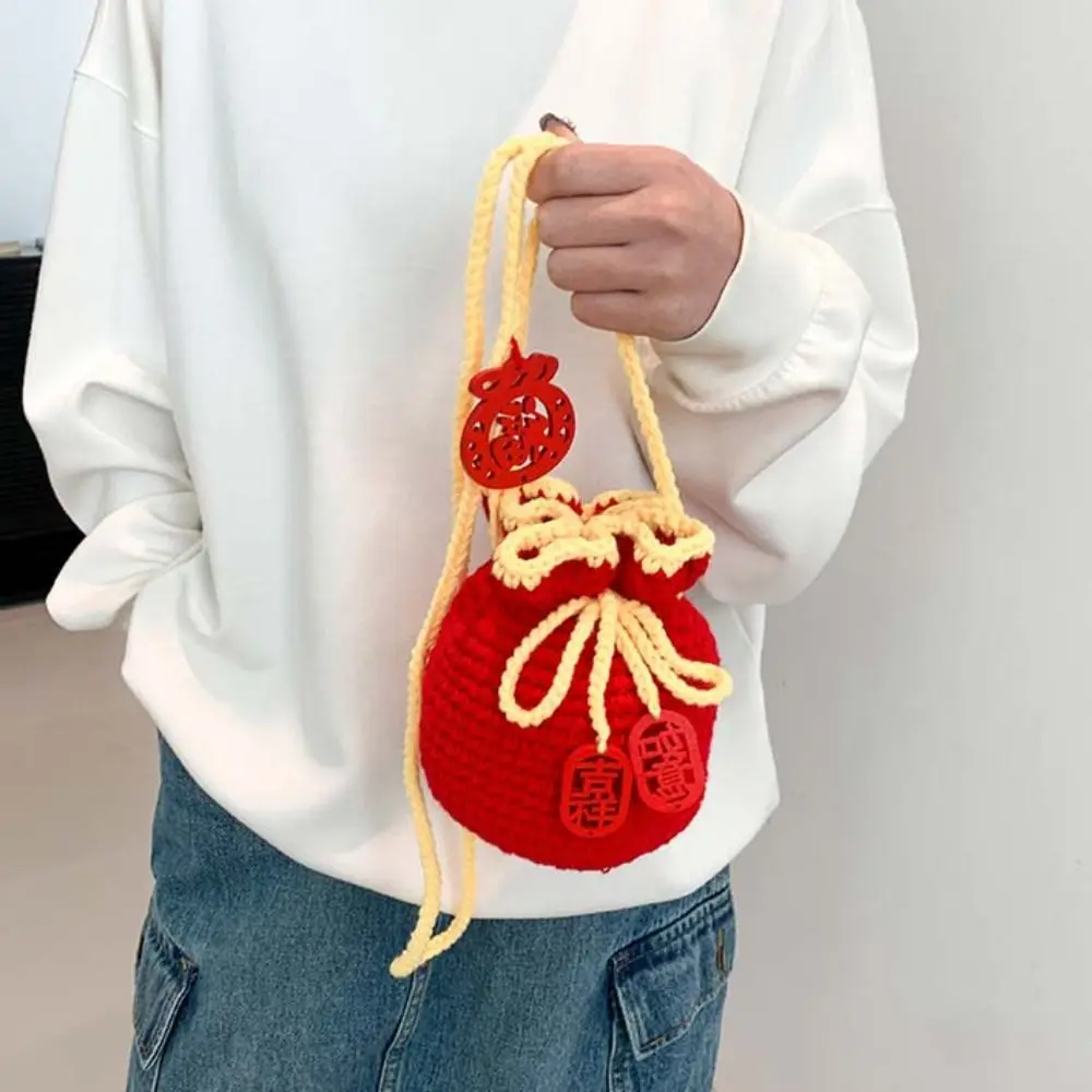 

Kawaii Kintted New Year Shoulder Bag Pendant Lace Up Crochet Woolen Bag Storage Coin Purse Children's Messenger Bag Streetwear