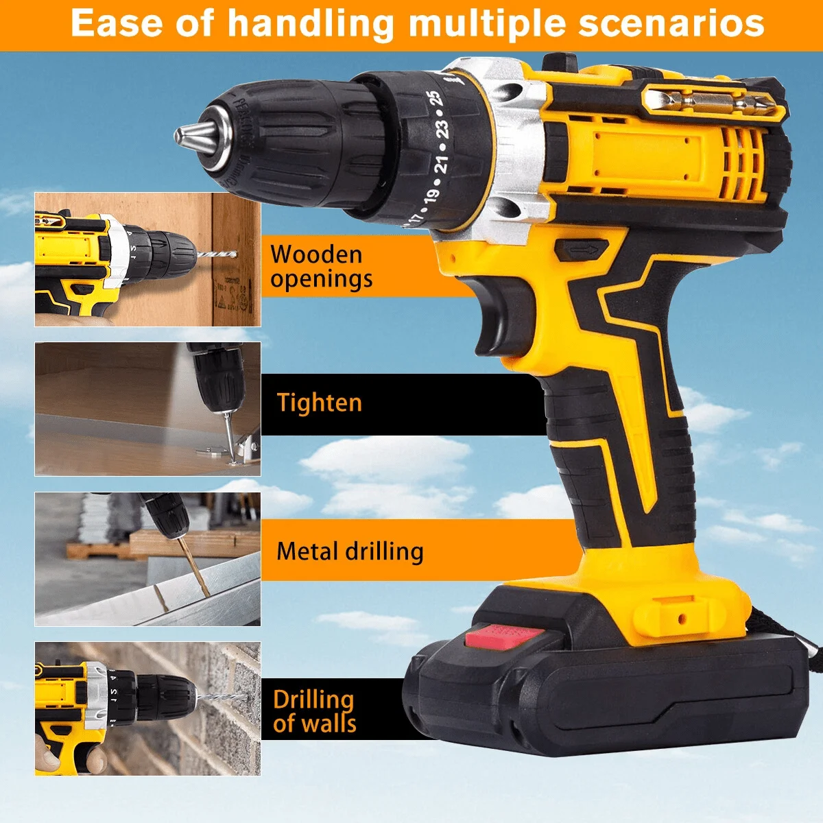 New 10mm Dual-Speed Impact Electric Drill And Electric Screwdriver Tool Set Cordless Drill Power Drill High-Performance Large-Capacity Lithium Battery,25+3 Adjustable Torque Electric Drill YELLOW Max 38Nm Power Drill Driver 2 Battery