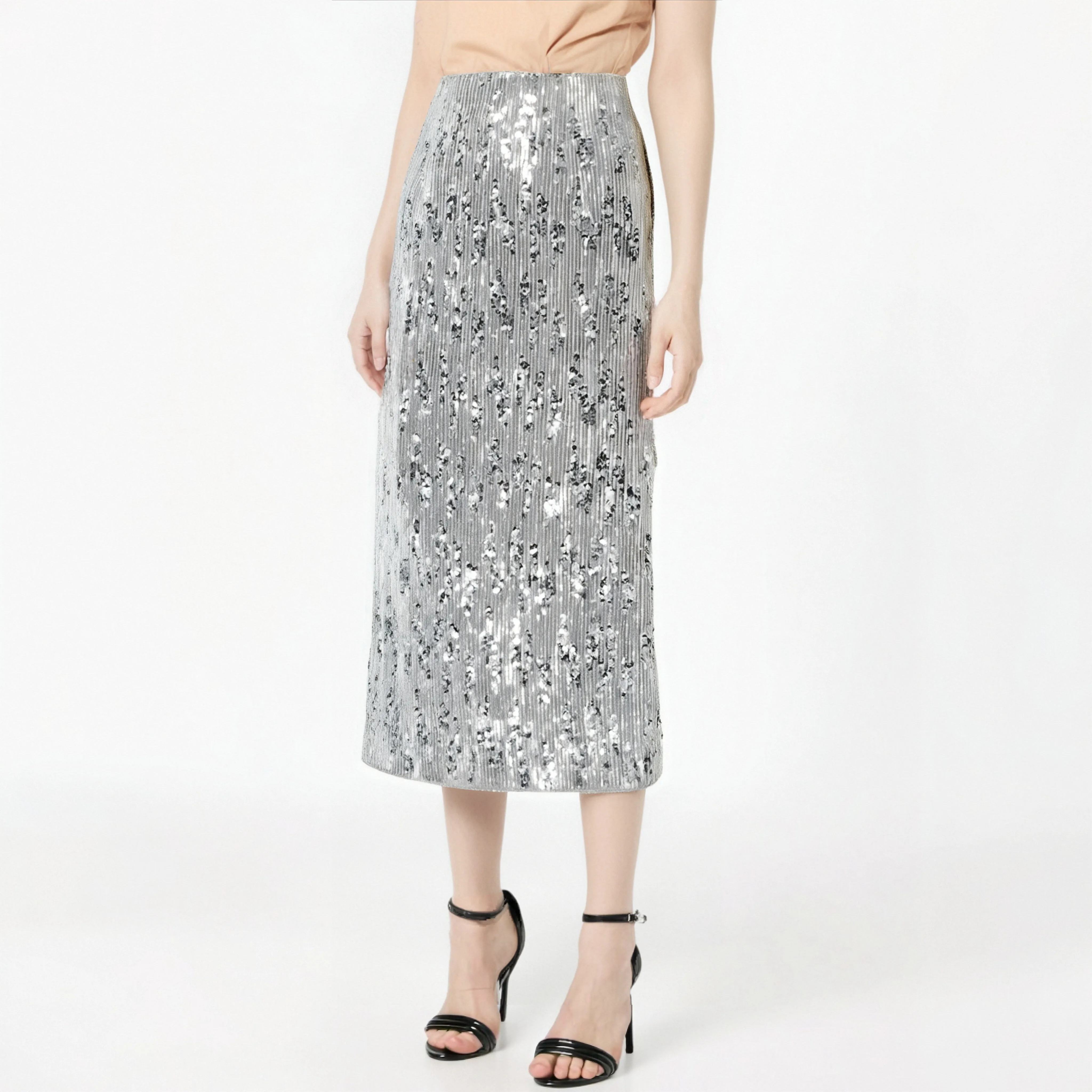 

Advanced Heavy Industry Silver Grey Velvet sequined Half length Skirt with High Waist and Slimming Appearance Long Dress