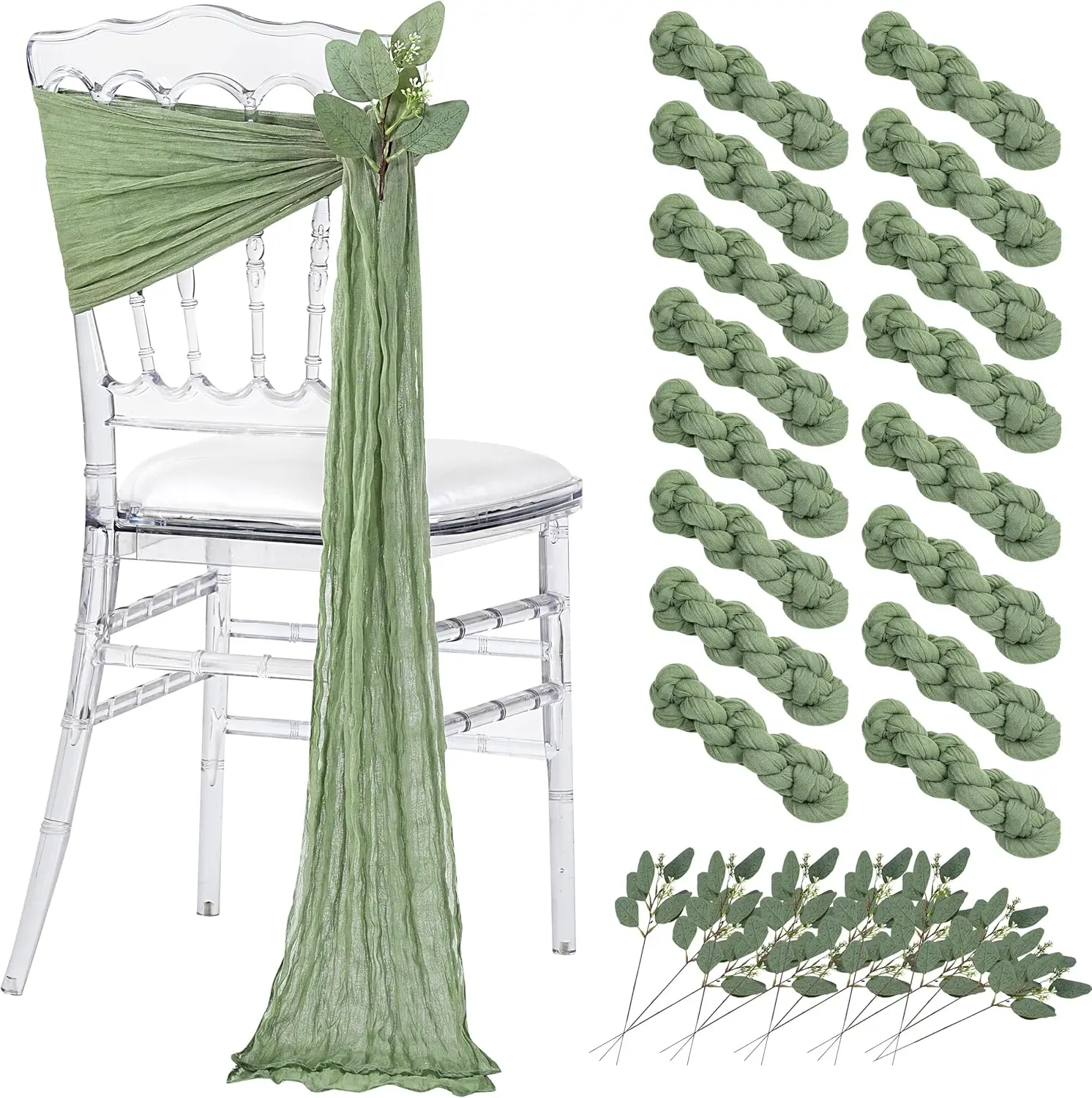 1/6Packs Sage Green Wedding Chair Sashes Cheesecloth Chair Cover with Artificial Eucalyptus Wedding Table Runner