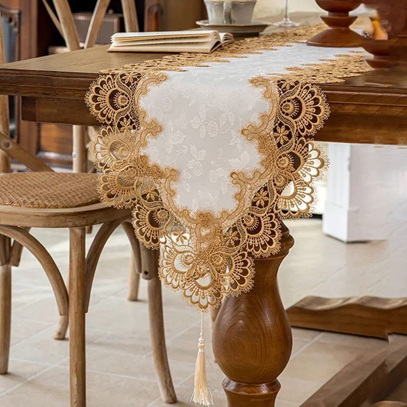 European Lace Hollow Table Runner with Tassels Luxury Dust-Proof Tv Cabinet Cover Cloth Retro Long Tablecloth for Wedding Party