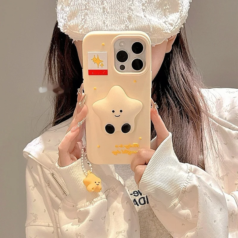 Kawaii Cartoon 3d Ster Maan 16promax Telefoon Casei Telefoon 15 Nieuwe 14pro 13 vrouwelijke 15pro Niche 12 All Inclusive Silicone Soft Case