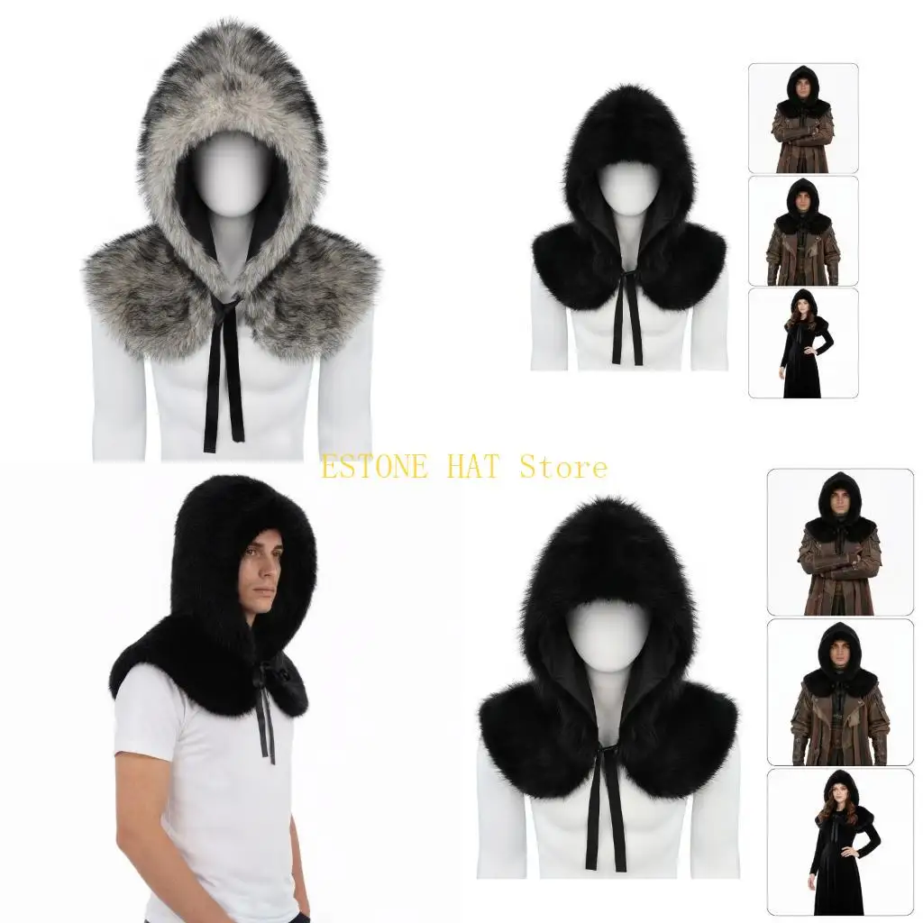 

49MF Luxurious Faux Plush Medieval Capelet Shawl Adjustable Ties Hooded Design for Winter Wear and Theme Event