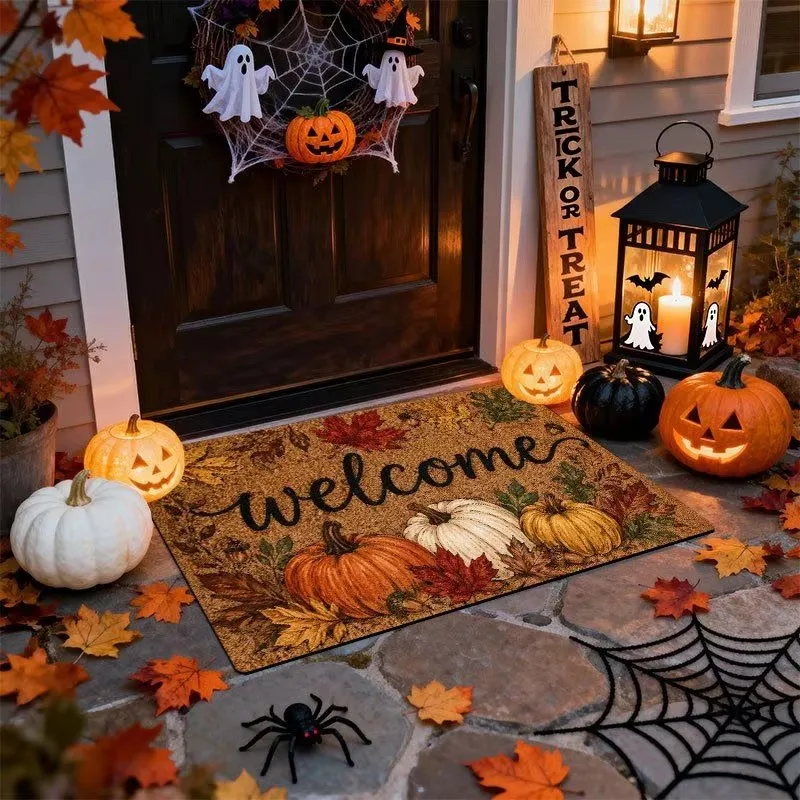 Halloween Gathering Shadows Doormat Skeleton Hand Pumpkin Wood Grain Print Floor Mat Vintage Holiday Entrance Decor Rug