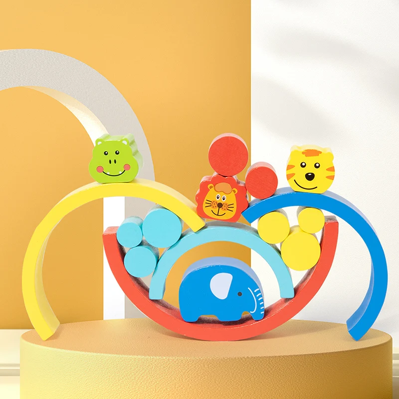 Blocs de construction en bois pour bébé, Puzzle d'équilibre arc-en-ciel, Animal mignon, jouets éducatifs précoces Montessori, anneau de dentition, cadeaux, nouvelle collection